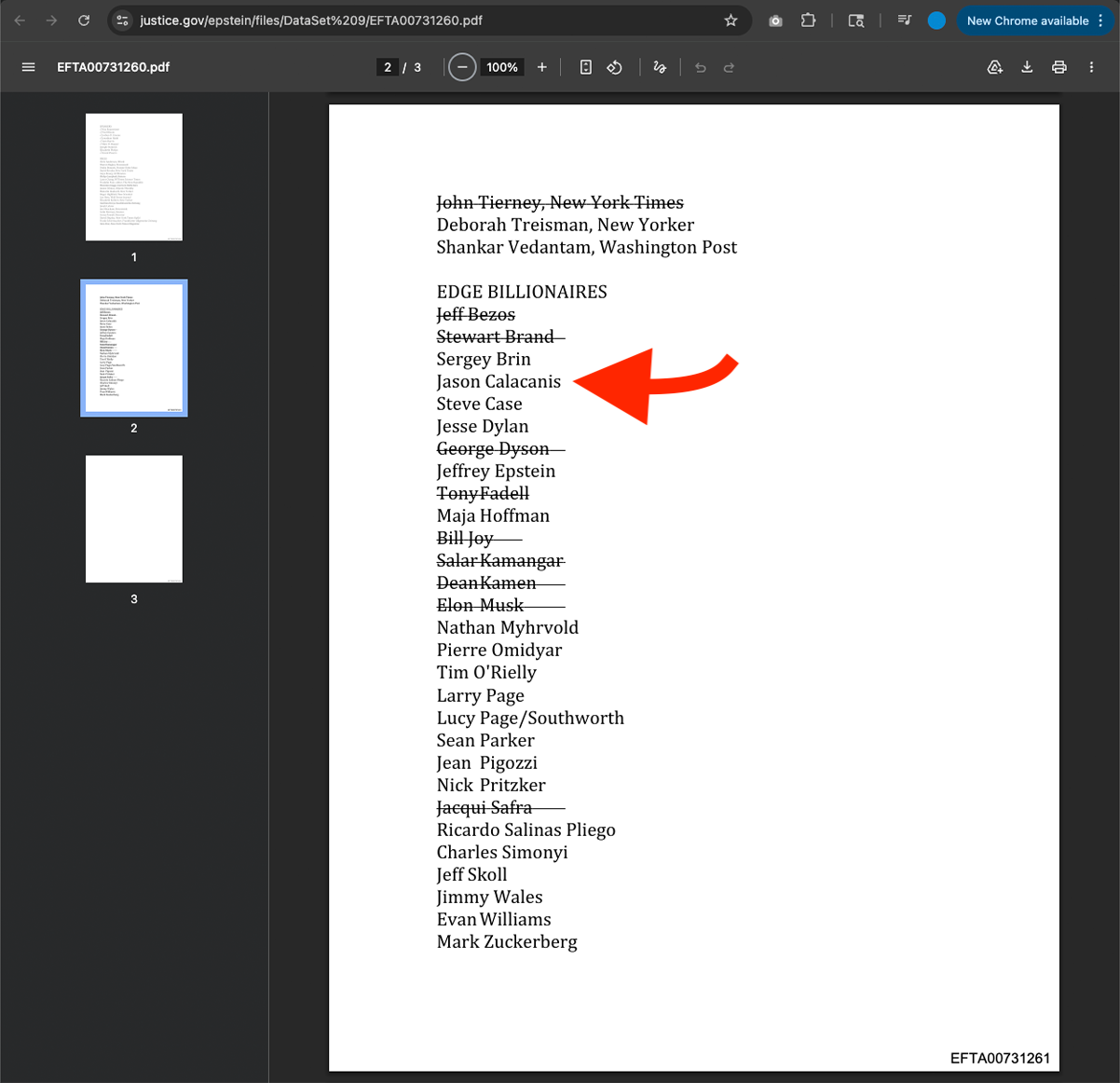 EDGE BILLIONAIRES list from justice.gov showing Jason Calacanis