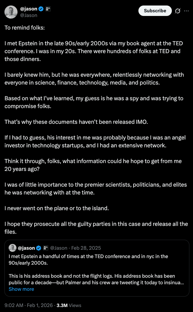 @jason tweet — To remind folks: I met Epstein in the late 90s/early 2000s via my book agent at the TED conference.