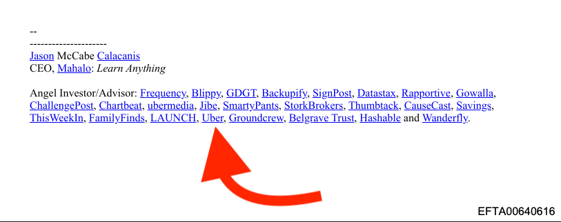 Jason Calacanis email signature listing angel investments — Uber listed near last